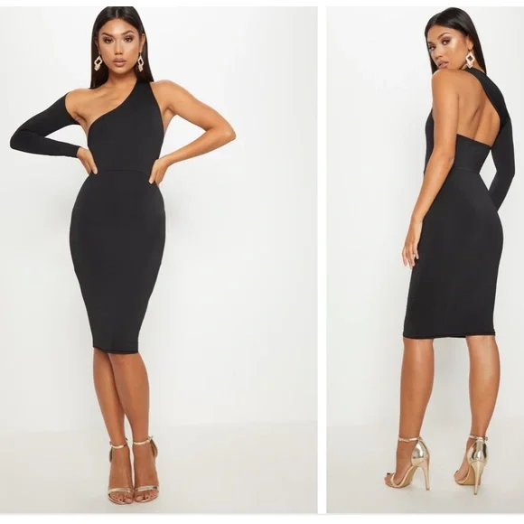 Women's Black Disco Slinky One Shoulder Midi Dress - Size 6